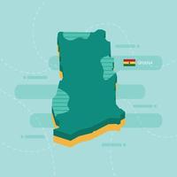 carte vectorielle 3d du ghana avec le nom et le drapeau du pays sur fond vert clair et tiret. vecteur