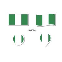 ensemble d'icônes du logo du drapeau nigérian, icônes plates rectangulaires, forme circulaire, marqueur avec drapeaux. vecteur