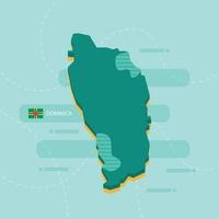 Carte vectorielle 3d de la dominique avec le nom et le drapeau du pays sur fond vert clair et tiret. vecteur