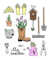 ensemble d'outils de jardin dessinés dans un style doodle vecteur