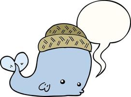baleine de dessin animé portant un chapeau et une bulle de dialogue vecteur