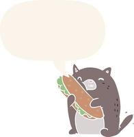 chat de dessin animé aimant l'incroyable sandwich qu'il vient de faire pour le déjeuner et la bulle de dialogue dans un style rétro vecteur