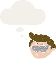 dessin animé garçon portant des lunettes de soleil et bulle de pensée dans un style rétro vecteur