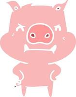 cochon de dessin animé de style couleur plat en colère vecteur