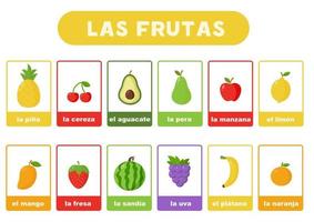 fruits mignons en espagnol avec des noms. flashcards pour les enfants. vecteur