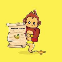 Le génie du singe est sorti de la lampe magique tenant la carte de l'île de la banane style isolé premium illus