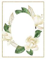 dessin à l'aquarelle. cadre ovale avec fleurs blanches et feuilles de magnolia et éléments dorés. décoration de mariage illustration délicate, invitation, carte vecteur