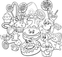 coloriage de groupe d'objets d'aliments sucrés de dessin animé vecteur