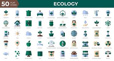 ensemble de 50 icônes web écologie dans un style plat. recyclage, biologie, énergies renouvelables. collection d'icônes plates. illustration vectorielle vecteur