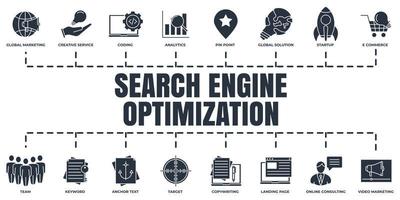 optimisation du moteur de recherche. ensemble d'icônes web de bannière seo. texte d'ancrage, rédaction de copie, commerce électronique, codage, point d'épingle, concept d'illustration vectorielle de consultation en ligne. vecteur