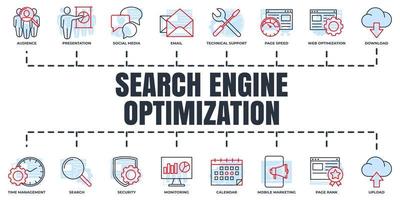 optimisation du moteur de recherche. ensemble d'icônes web de bannière seo. optimisation web, téléchargement, e-mail, médias sociaux, calendrier, présentation, concept d'illustration vectorielle d'audience. vecteur