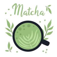 thé matcha. mug avec matcha et feuilles de thé vert. illustration vectorielle. thé vert naturel. vecteur