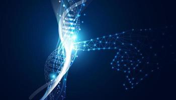 technologie abstraite science concept doigt pointant les gènes de l'adn édition génétique mélangé avec la technologie moderne binaire futuriste sur fond bleu hi tech vecteur