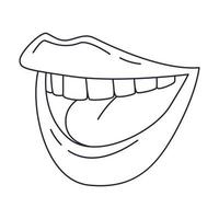 une bouche riante souriante avec des dents. lèvres féminines. griffonnage de contour. illustration vectorielle noir et blanc isolée sur fond blanc vecteur