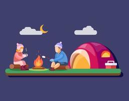 camping vacances personnes avec feu de joie et tente au vecteur d'illustration de scène de nuit