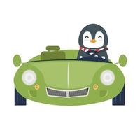 le pingouin mignon est assis dans une voiture vecteur