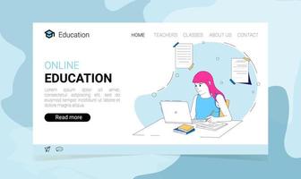 page de destination de l'éducation en ligne avec une fille qui étudie avec un ordinateur. illustration vectorielle dans un style plat. le concept d'illustration de l'éducation en ligne. vecteur