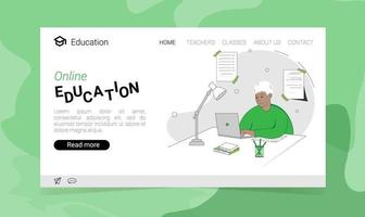 page de destination de l'éducation en ligne avec un garçon étudiant avec un ordinateur. illustration vectorielle dans un style plat. le concept d'illustration de l'éducation en ligne. vecteur