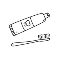 tube de dentifrice et une brosse à dents isolé sur fond blanc. hygiène buccale. illustration vectorielle dessinée à la main dans un style doodle. parfait pour les décorations, logo, design divers. vecteur