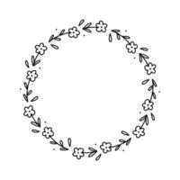 couronne florale de printemps isolée sur fond blanc. cadre rond avec des fleurs. illustration vectorielle dessinée à la main dans un style doodle. parfait pour les cartes, invitations, décorations, logo, divers designs. vecteur