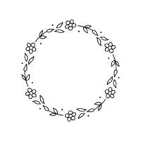 couronne florale de printemps isolée sur fond blanc. cadre rond avec des fleurs. illustration vectorielle dessinée à la main dans un style doodle. parfait pour les cartes, invitations, décorations, logo, divers designs. vecteur