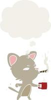 chat de dessin animé avec café et cigare et bulle de pensée dans un style rétro vecteur
