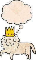 chat de dessin animé portant une couronne et une bulle de pensée dans un style de motif de texture grunge vecteur