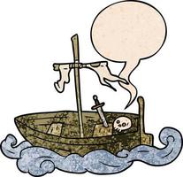 dessin animé vieux bateau naufragé et bulle de dialogue dans un style de texture rétro vecteur