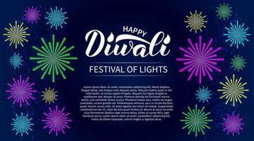 joyeux diwali calligraphie lettrage à la main et feux d'artifice. bannière du festival indien traditionnel des lumières. modèle vectoriel facile à modifier pour affiche, dépliant, autocollant, carte postale, carte de voeux.