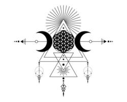 triple déesse et fleur de vie, géométrie sacrée, triangles tribaux, phases de lune dans le style shaman boho. tatouage, astrologie, alchimie et symboles magiques. vecteur isolé sur fond blanc