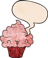 cupcake givré de dessin animé mignon et bulle de dialogue dans un style de texture rétro vecteur