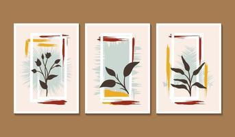 ensemble de 3 affiches d'art mural minimalisme esthétique avec silhouette de feuilles et élément abstrait vecteur
