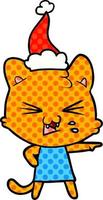 illustration de style bande dessinée d'un chat sifflant portant un bonnet de noel vecteur