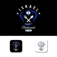 logo du restaurant alimentaire israélien. symbole du drapeau d'israël avec des icônes de cuillère, de fourchette et de chapeau de chef. logo premium et luxe vecteur