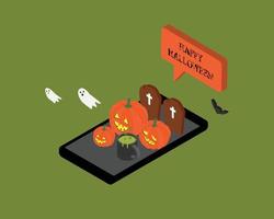 bannière de joyeux halloween avec thème nocturne de citrouille avec mobile isométrique vecteur