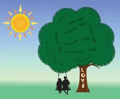 illustration d'une silhouette d'un couple sur une balançoire accrochée à un arbre sculpté du mot amour vecteur