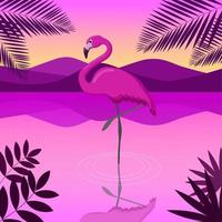 flamant rose au coucher du soleil. paysage tropical. adapté aux cartes postales, bannières. illustration vectorielle de dessin animé plat vecteur