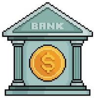 banque de pixel art. façade de banque dans un style classique avec icône de vecteur de pièce pour le jeu 8bit sur fond blanc