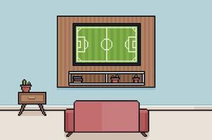 pixel art regardant la coupe du monde de football dans la salle de télévision. Fond 8 bits avec canapé, table et télévision et décorations vecteur