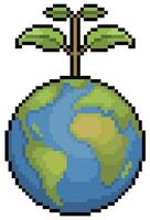 pixel art terre avec plante. planète durable. icône de vecteur de jour environnemental pour le jeu 8bit sur fond blanc