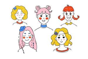 jolies filles portraits ensemble d'illustration vectorielle dessinés à la main vecteur