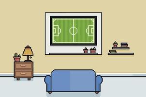 pixel art regardant la coupe du monde de football dans la salle de télévision. Fond 8 bits avec canapé, table et télévision et décorations vecteur