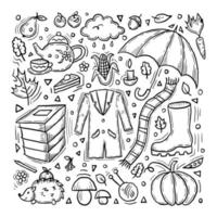 automne doodle dessin animé noir et blanc ensemble vecteur