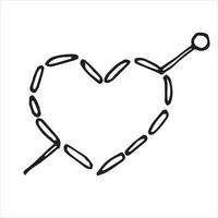 illustration vectorielle de style doodle. coeur brodé. icône de coeur mignon avec une aiguille. concept de passe-temps artisanal de couture et de broderie. vecteur