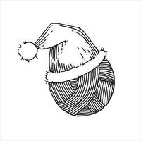 dessin vectoriel de style doodle, jolie pelote de laine dans un chapeau de fête de noël. symbole de vacances de noël, du nouvel an, du tricot, du crochet et de la couture. dessin de style griffonnage