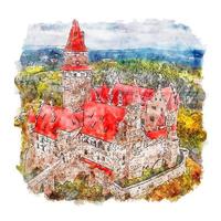 hrad bouzov château croquis aquarelle illustration dessinée à la main vecteur
