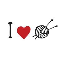 stock illustration dessin à la main dans le style doodle. j'adore le tricot. lettrage avec un cœur et des aiguilles à tricoter. vecteur