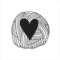 illustration vectorielle dans un style doodle. adorable pelote de laine avec un coeur. image en noir et blanc, logo. tricot, crochet, loisirs vecteur