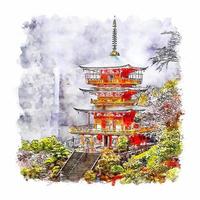 château de wakayama japon croquis aquarelle illustration dessinée à la main vecteur