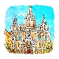 cathédrale de barcelone espagne croquis aquarelle illustration dessinée à la main vecteur